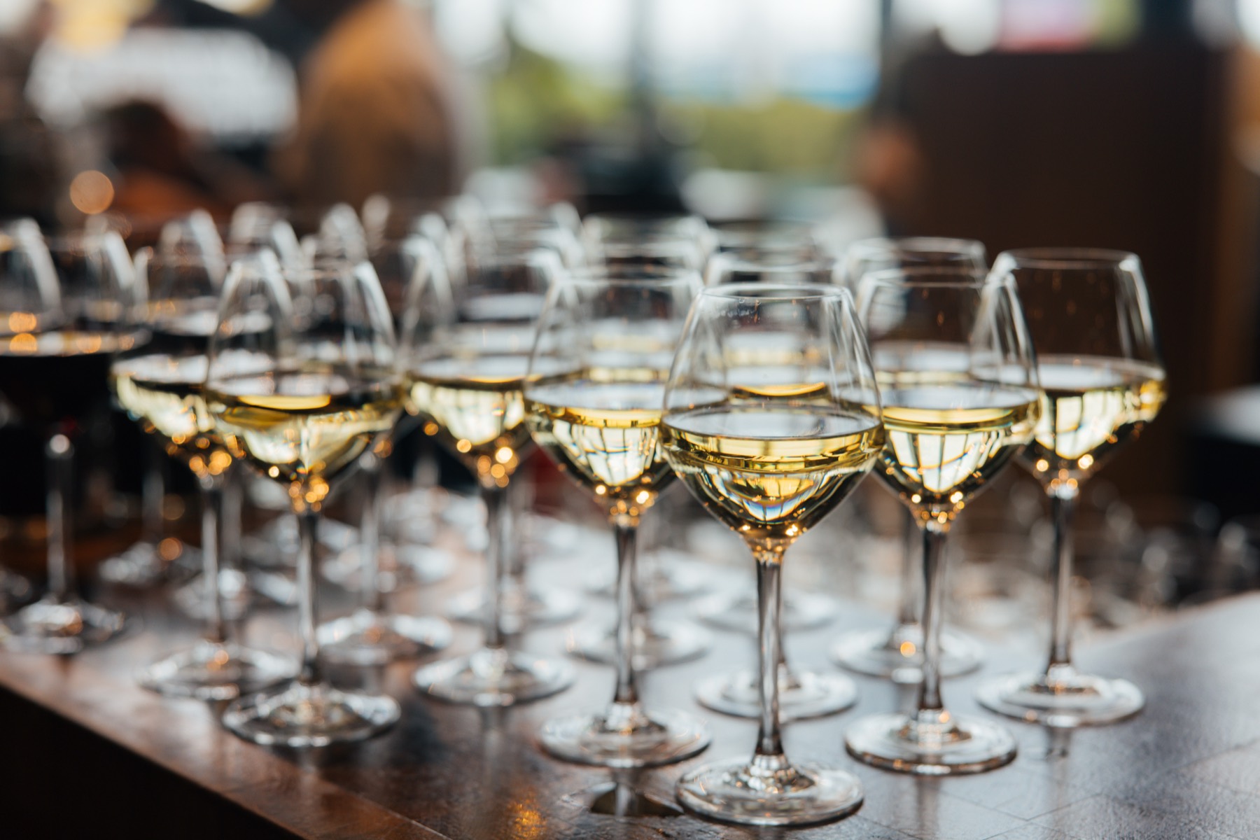 Rows of white wine glasses ready for a reception
